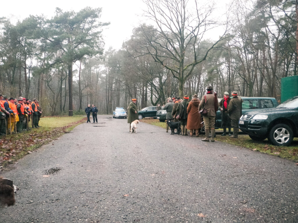 Der Parkplatz der Teilnehmer für die anstehende Drückjagd: Sortiert und gut befahrbar- hier hält der Jagdleiter seine Ansprache an die Jagdgesellschaft