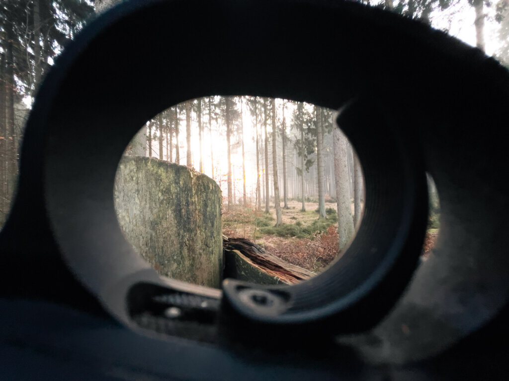 Der Blick durch den Abzugsbügel mit Abzug in das Treiben.